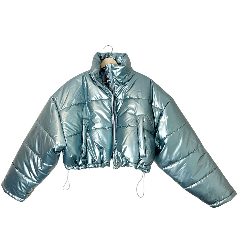 Urban Outfitters UO Taryn Metallic Icy Blue Cropped Puffer Jacket - Picture 7 of 14